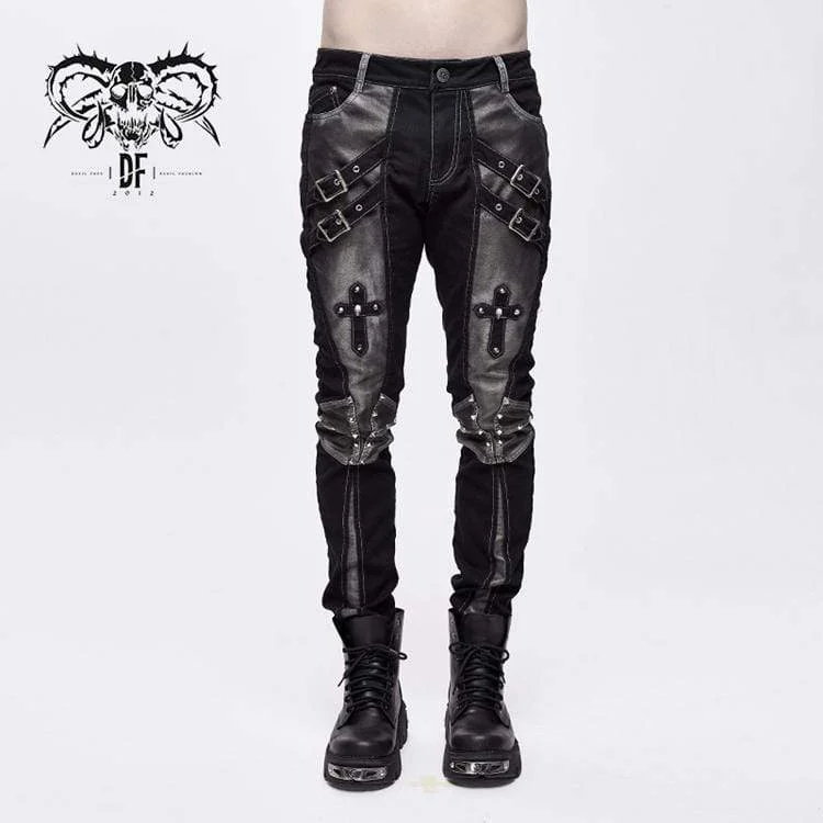Weekend Specials to Relish Men's Punk Cross Rivets Faux Leather Pants