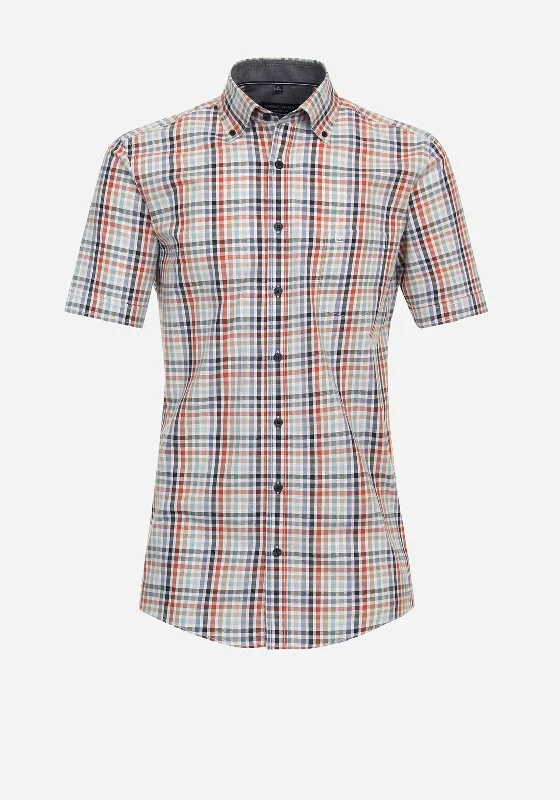 Casa Moda Spring Gingham Short Sleeve Shirt, Tangerine Tango