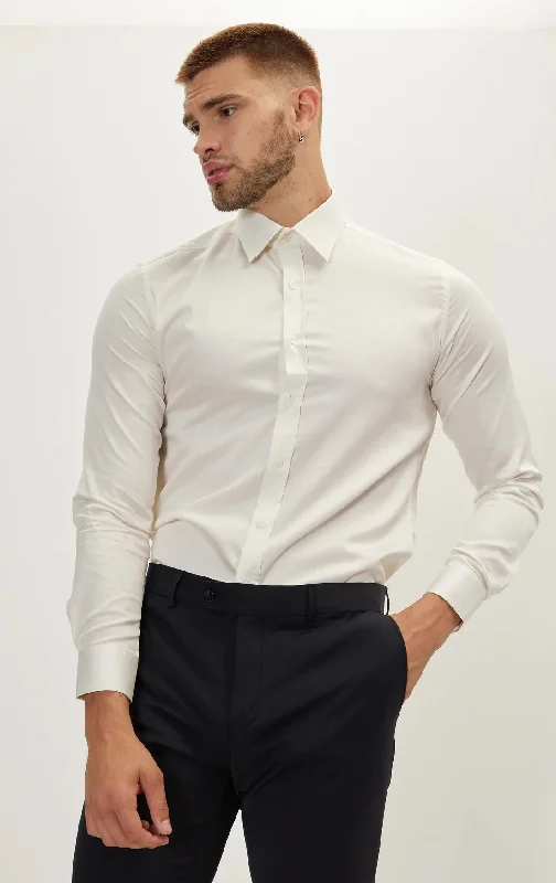 Hurry In Italian Collar Dress Shirt- Beige