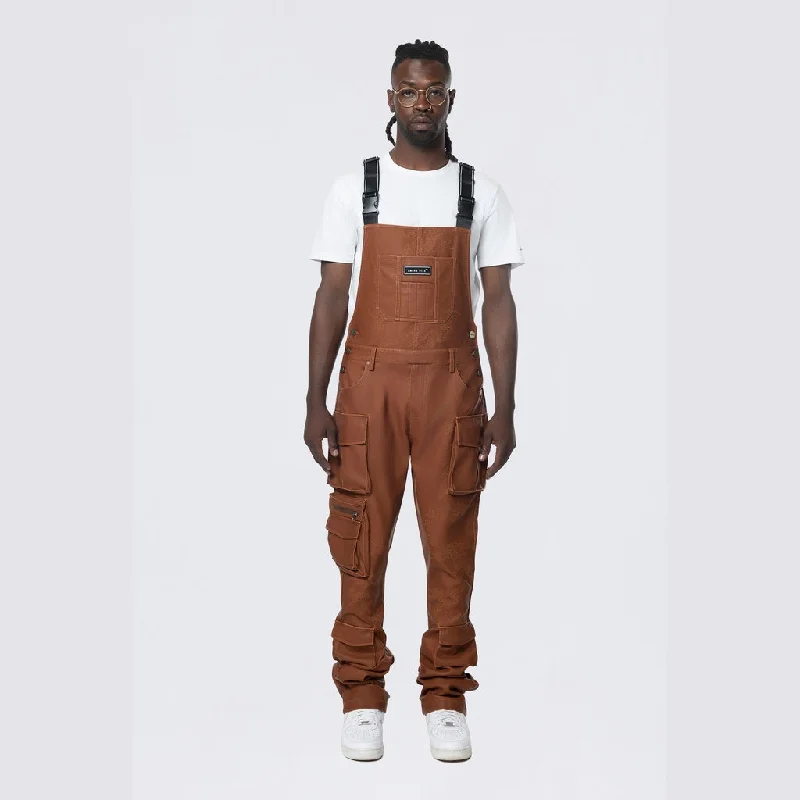 Markdown Madness Stacked Vegan Leather Overalls - Washed Brown