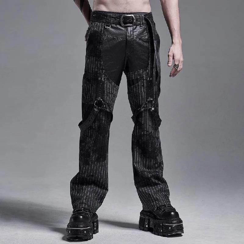 Special Savings Men's Gothic Faux Leather Splicing  Striped Pants With Harness