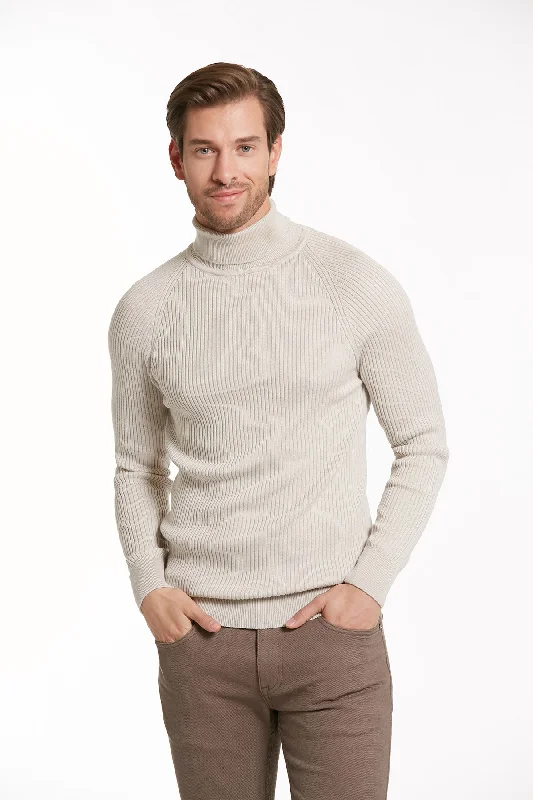 Super Bargain Slim Fit Patterned Gray Turtleneck Sweater, Light Gray