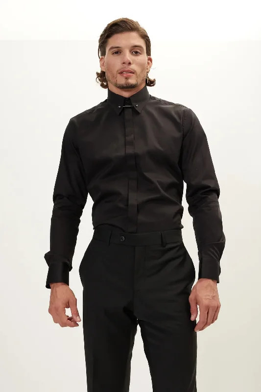 Weekend Deal Hidden Placket Pinned Collar Tuxedo Shirt - Black
