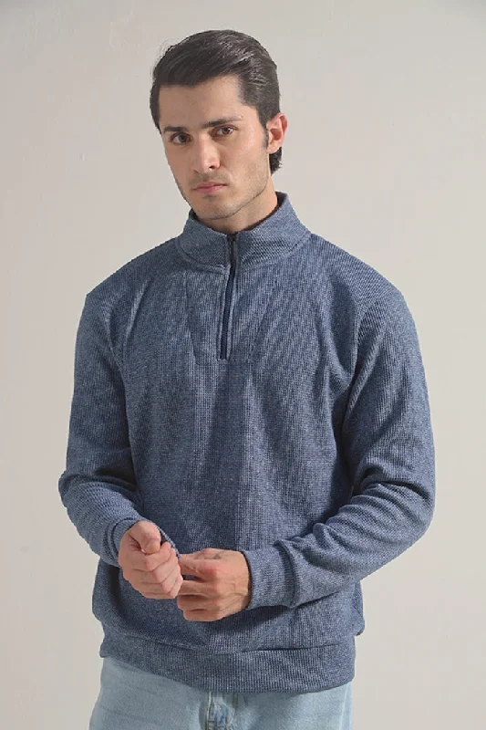YEAR-End Clearance Textured Half Zipper Sweatshirt - Ocean Blue