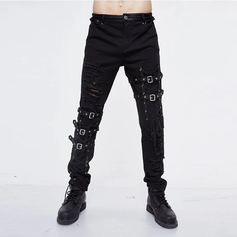 Lowest Rates Men's Punk Ripped Straps Straight-leg Pants