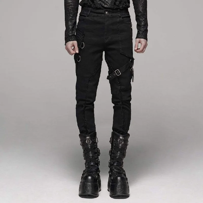 Weekend Offers That Excite Men's Goth Ripped Straps Skinny Denim Pants With Waist Chain