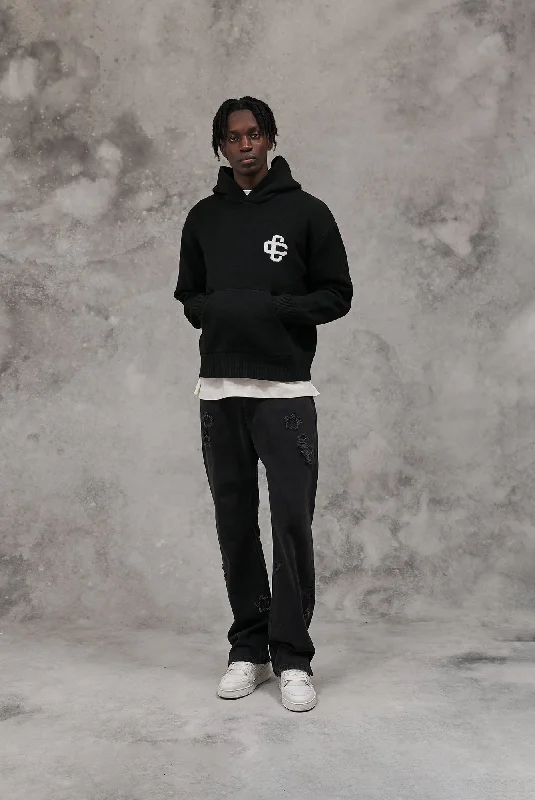 Exclusive Deal FLUFFY KNIT EMBLEM HOODIE - BLACK