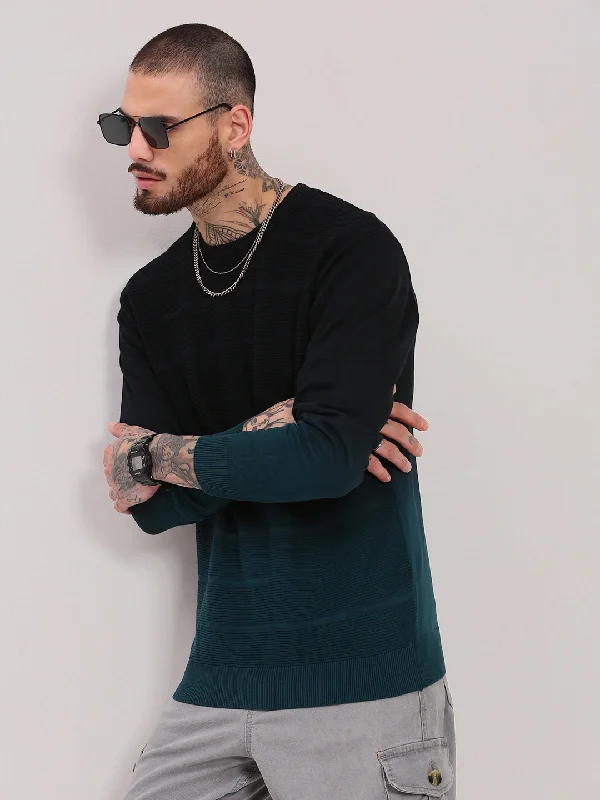 Men Teal Colourblocked Sweater