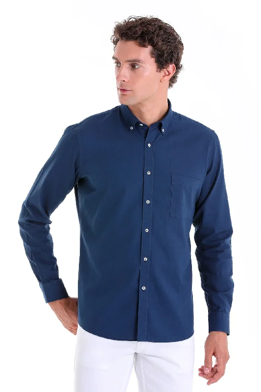 Blowout Deals Comfort Fit Long Sleeve Oxford Cotton Navy Casual Shirt