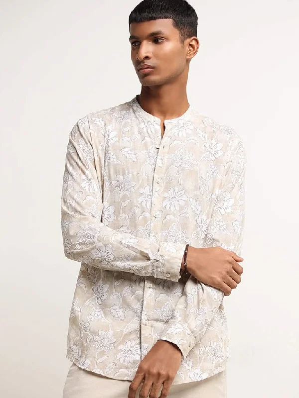 Final Markdown ETA Beige Botanical Print Grandad Cotton Relaxed Fit Shirt