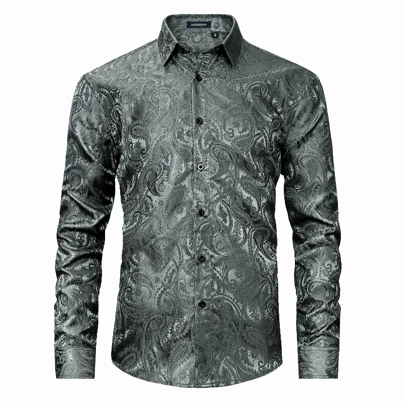 Men's Long Sleeve Shiny Shirt With Printing - GRAY