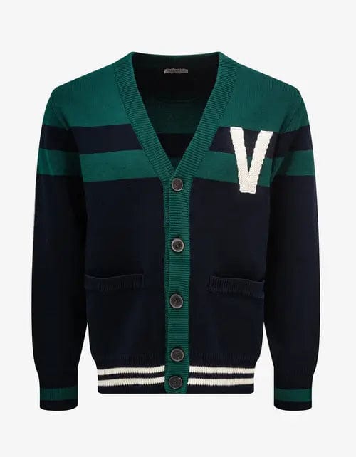 Markdowns Valentino Garavani Navy Blue & Green V Logo Patch Cardigan