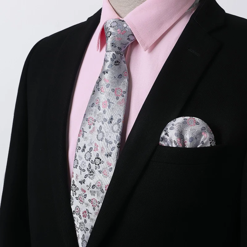 Men's Shirt with Tie Handkerchief Set - 05-PINK/FLORAL