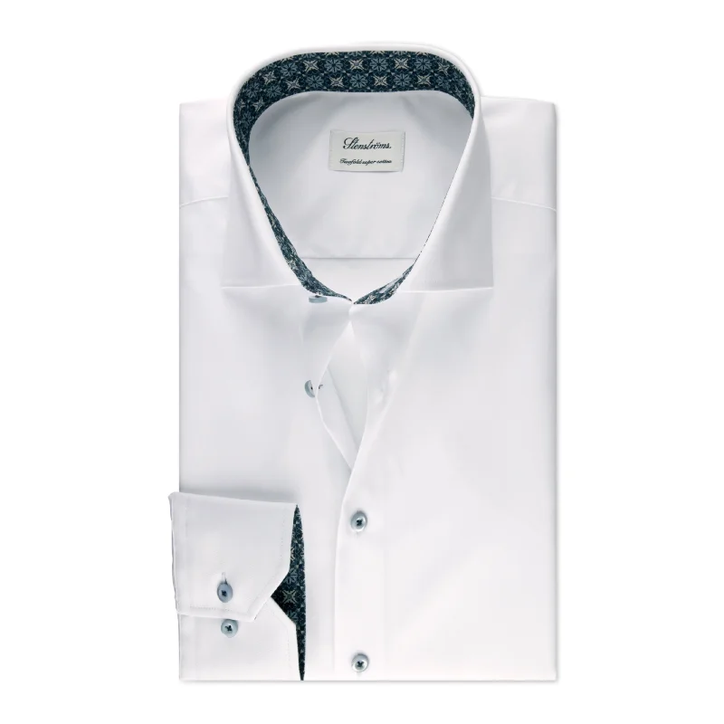Weekend Specials to Cherish White w/ Blue Geometric Trim Slimline Twill Shirt - Stenströms Weekend Specials to Cherish White w/ Blue Geometric Trim Slimline Twill Shirt - Stenströms