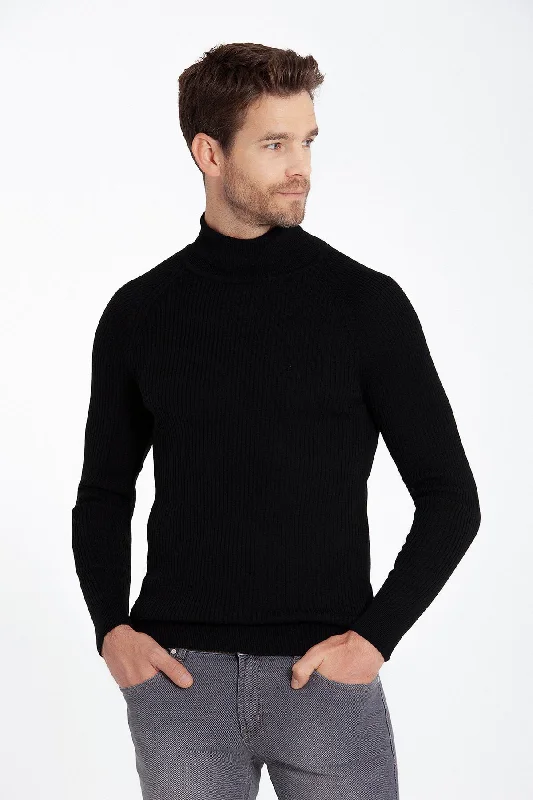 Buy More, Save More Slim Fit Patterned Gray Turtleneck Sweater, Black