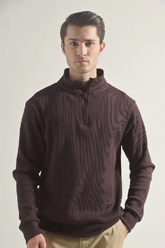 Today’s Deal Textured Half Zipper Sweatshirt - Dark Brown