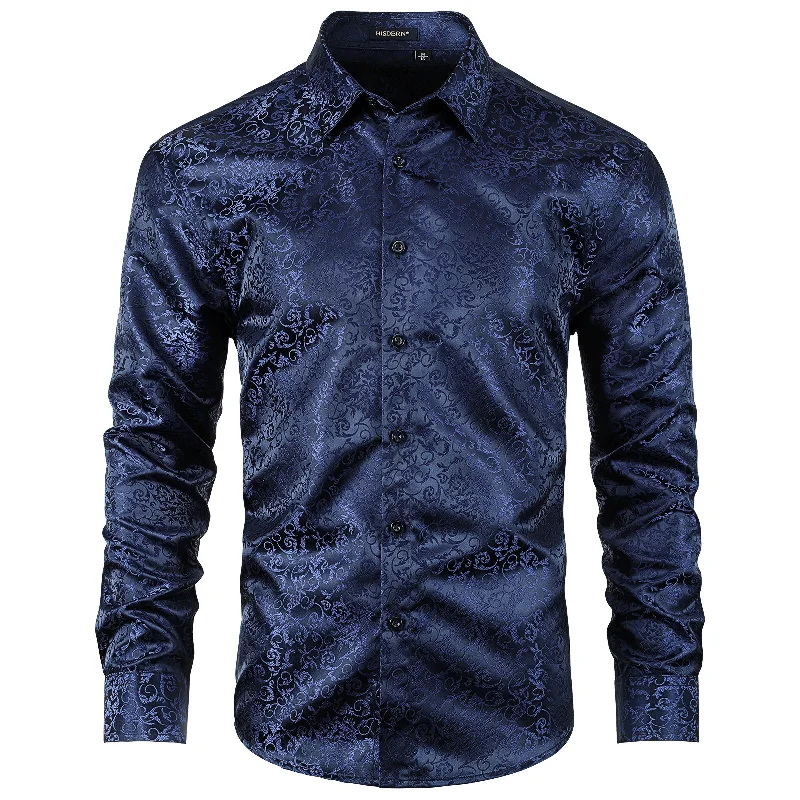 Floral Satin Dress Shirt - 04-NAVY BLUE