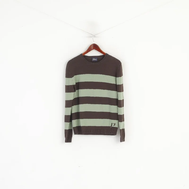 Great Deals Peak Performance Men S Jumper Brown Green Cotton Striped Crew Neck Sweater