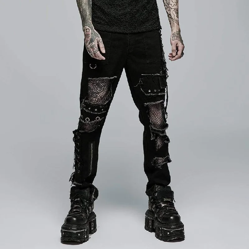Quick Deals Men's Punk Strappy Splice Cutout Pants