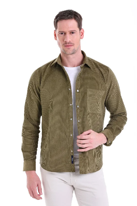 Online Only Comfort Fit Velvet Long Sleeve Cotton Khaki Casual Shirt