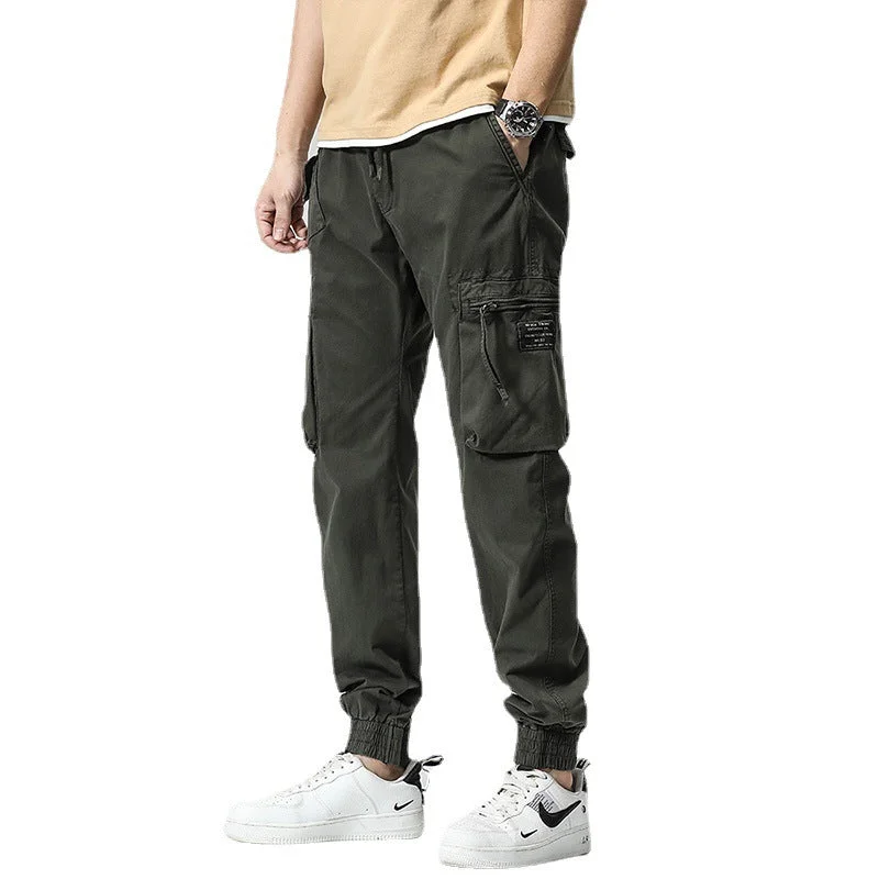 Savings Event Casual Pants Trendy Brand Elastic Waist Men's Youth Simple Pure Cotton Multi-pocket Work Pants Trousers Ankle-tied