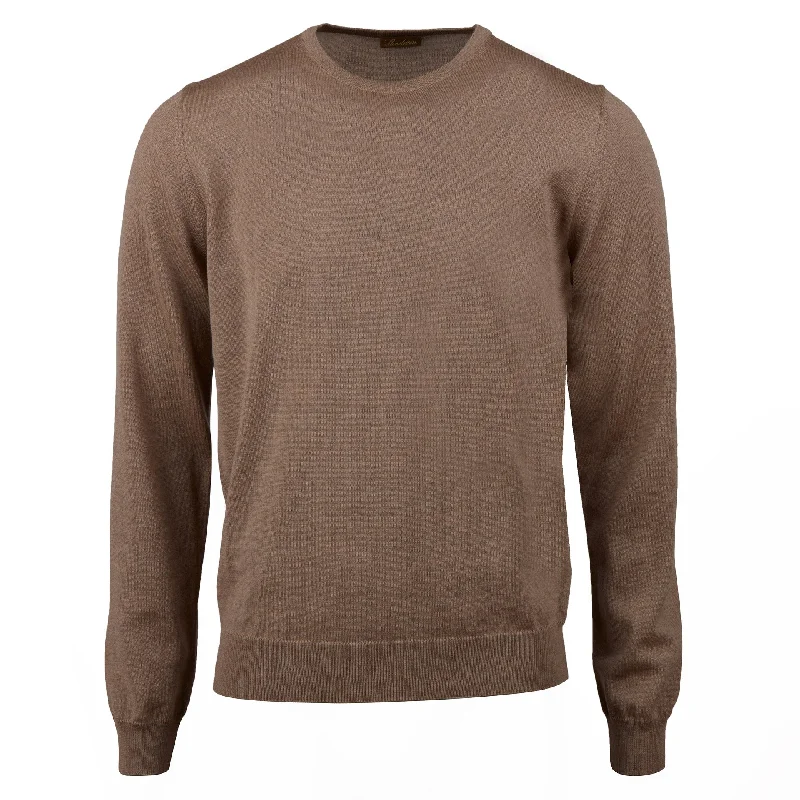 Price Fest Camel Merino Crew Neck Crew Neck with Elbow Patch - Stenstroms