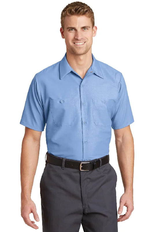 Midnight Sale Red Kap Mens Industrial Moisture Wicking Short Sleeve Button Down Shirt w/ Double Pockets - Light Blue
