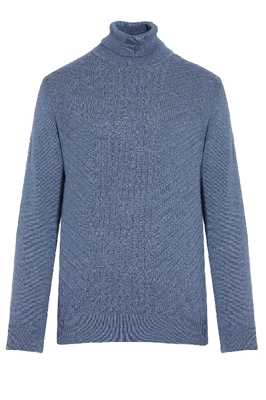 Limited Edition Regular Fit Patterned Cotton Blend Ecru Turtleneck Sweater, Denim