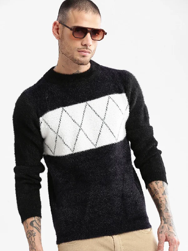 Men Round Neck Self Design Black Pullover