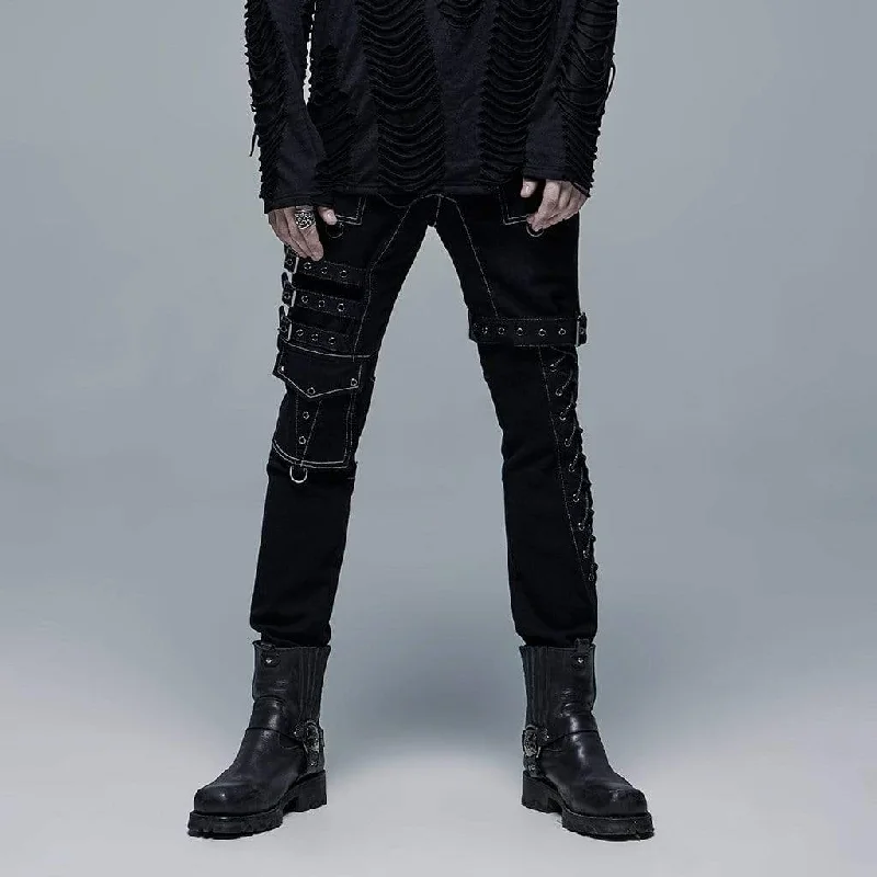 Weekend Deals That Please Men's Punk Multi Pockets Buckles Black Pants