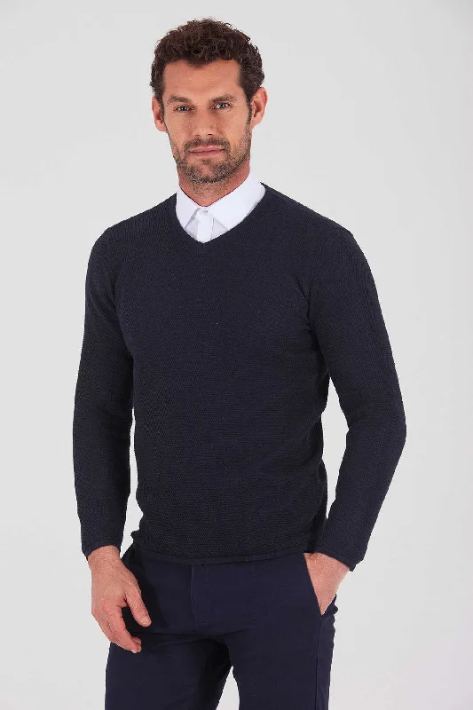 Today's Special Slim Fit Plain Cotton Blend Khaki V-Neck Sweater, Navy