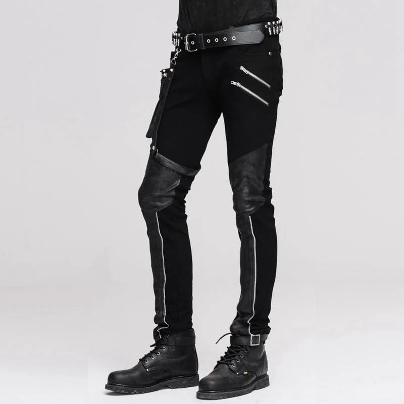 Time-Limited Offer Men's Punk Style Trousers With Faux Leather Patches