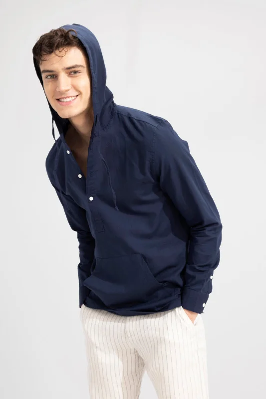 Price Drop Brezee Linen Navy Hoodie Shirt