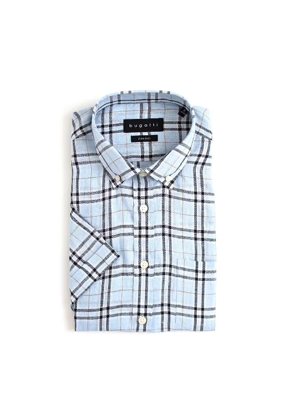 Seasonal Clearance Bugatti Pocket Check Short Sleeve Shirt, Light Blue