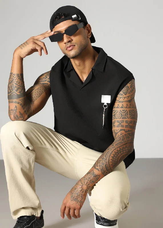 Deep Discounts Black Ribbed Polo Tank