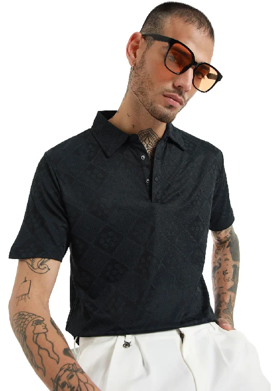 Huge Savings Dark Blue Diamond Textured Polo T-shirt