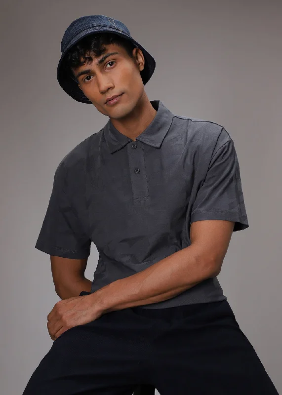 Reduced Price Herringbone Pattern Grey Polo T-shirt