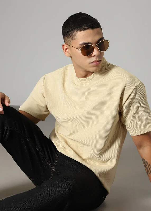 Hurry In Oversized Cream Textured T-shirt