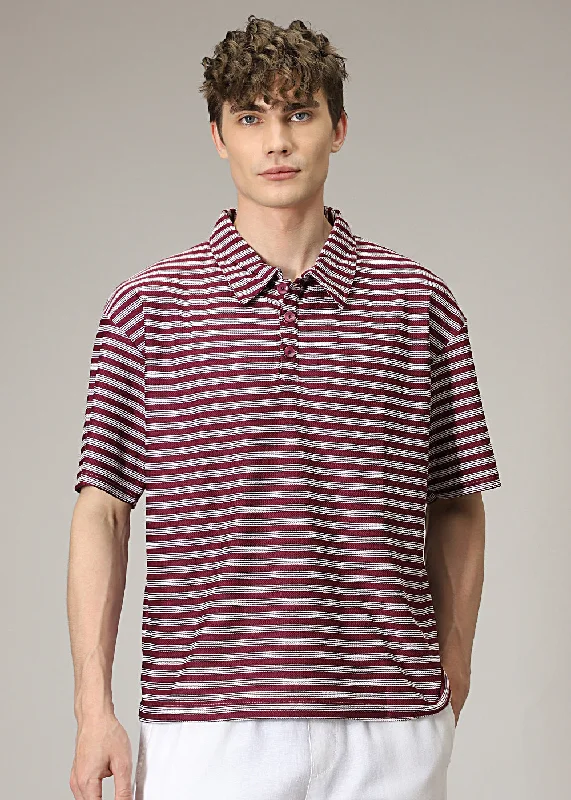 Limited Time Discount Striped Maroon Oversized Polo  T-shirt