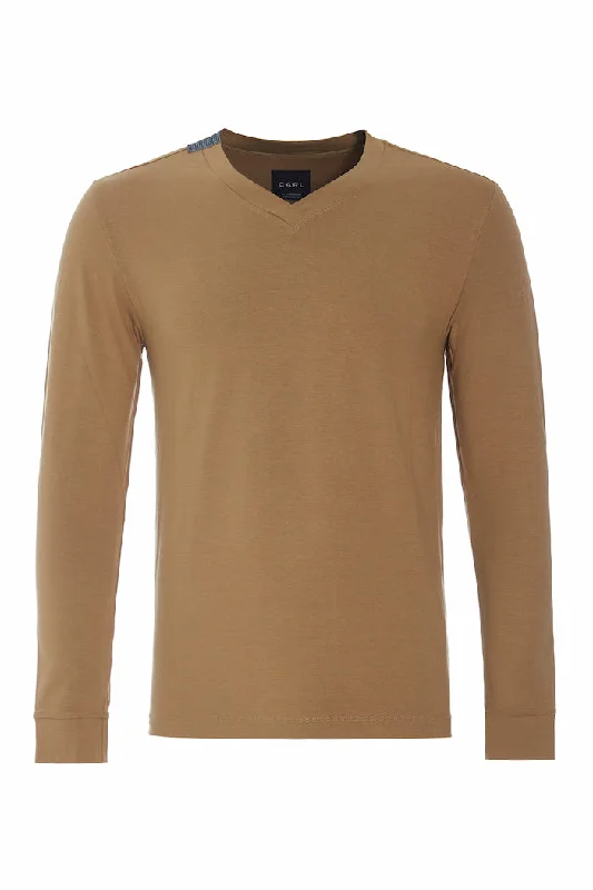Act Now T-SHIRT V-NECK LONG SLEEVE - 1021C - CAMEL