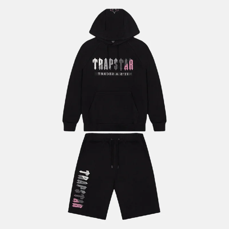 Limited Stock Trapstar Chenille Decoded Hoodie Shorts Set- Black/Pink